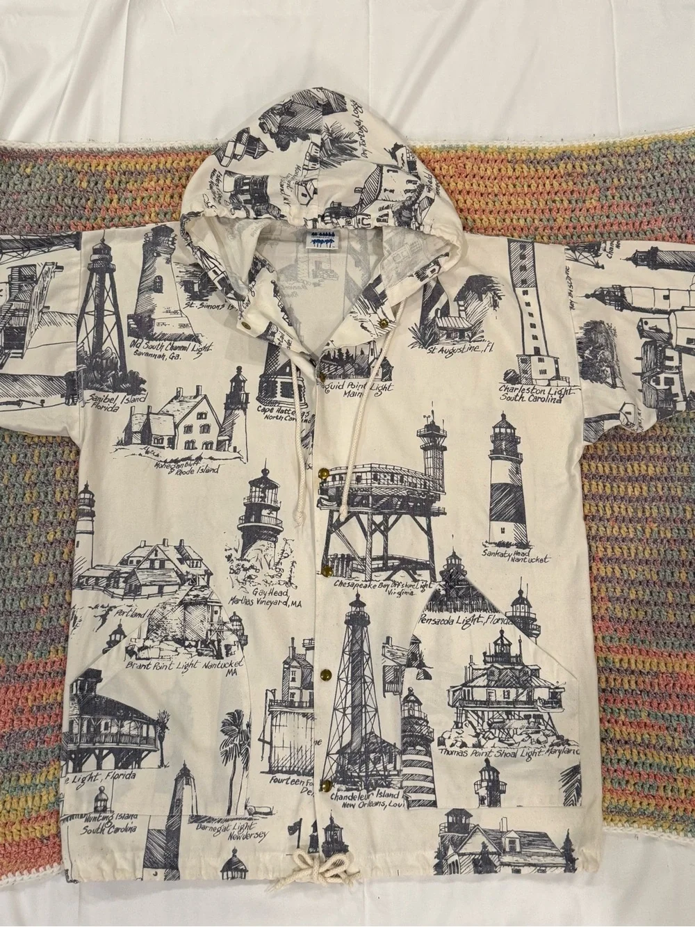 Vintage Michigan Rag Cream Hooded Button-Front Sweatshirt with Lighthouse Print